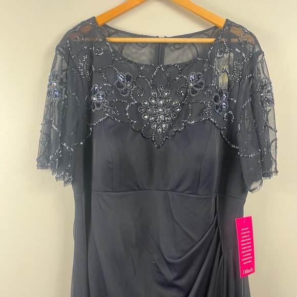 Xscape Plus Size Long Beaded Sequin Illusion Neckline Jersey Dress 18W Navy FLAW - Picture 5 of 15